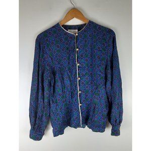 Vintage Doncaster Women's Blue & Green Silk Gold Button Down Shirt Unlined 10